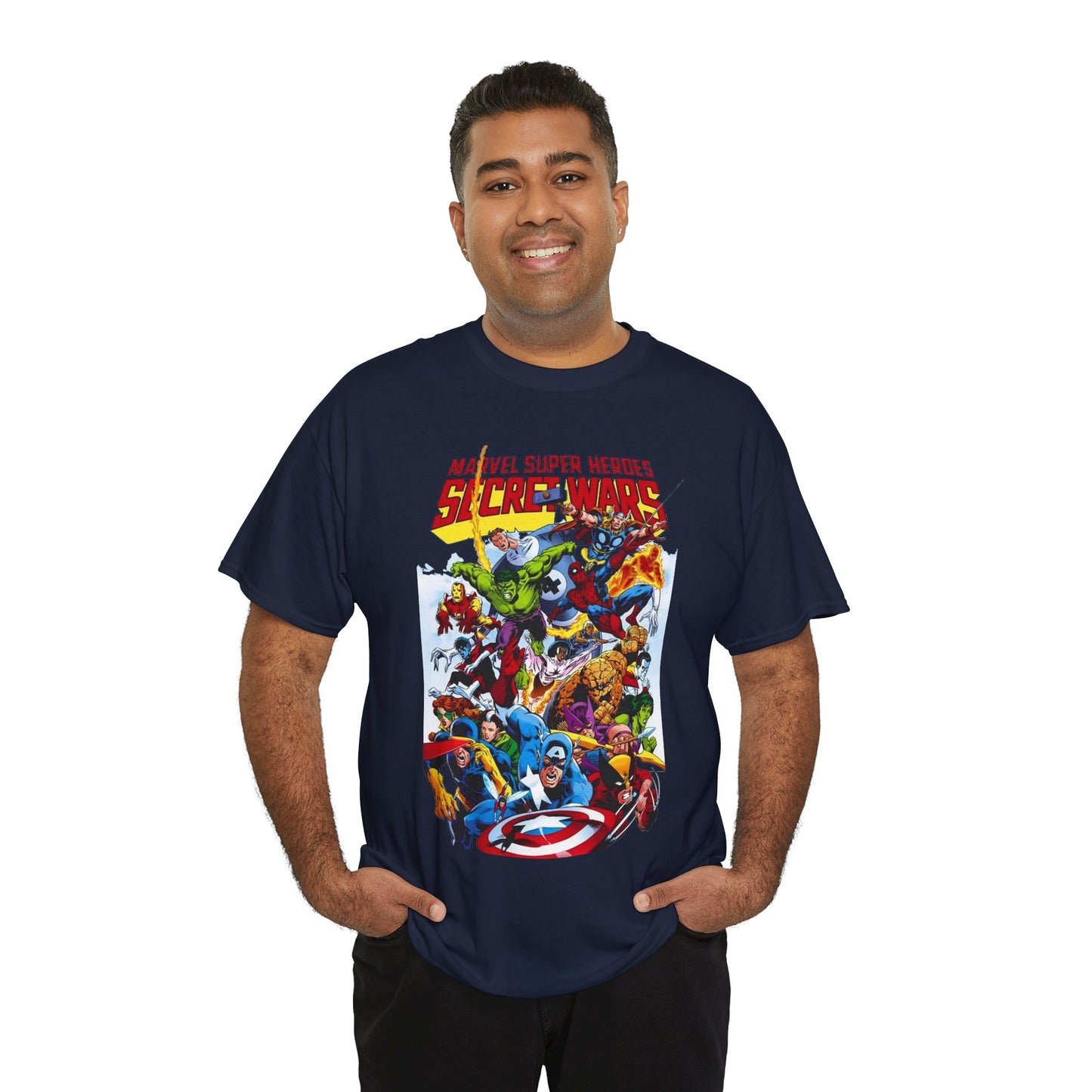 Secret Wars T-Shirt - Spider-man, Wolverine, Iron Man, Captain America, Cyclops, Rogue, Hulk, Mr Fantastic, The Thing - Classic Marvel Comics 1980s Series - The Beyonder