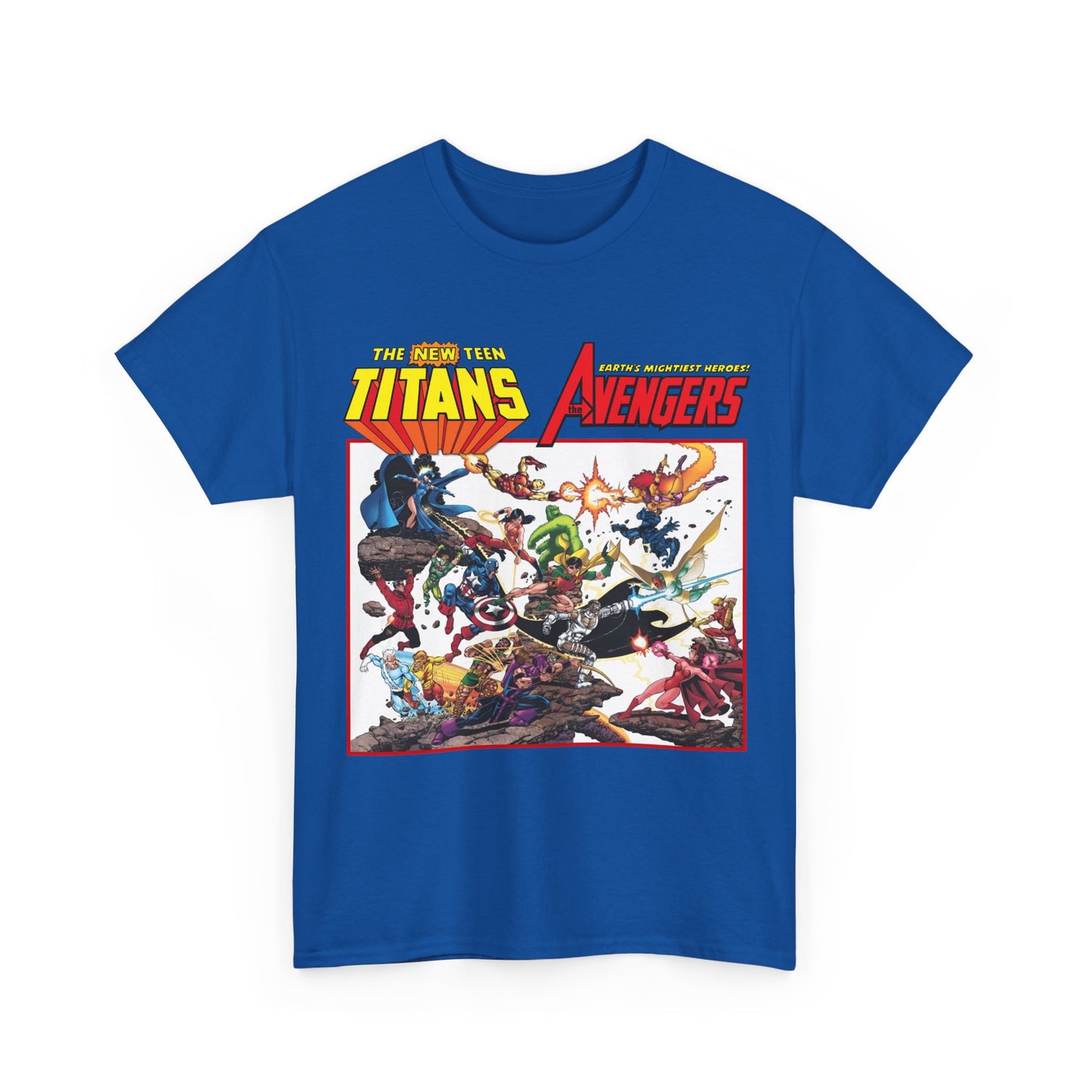 New Teen Titans Vs Avengers T-Shirt - George Perez Art - Hawkeye, Wonder Man, Raven, Starfire, Cyborg, Scarlet Witch, Wonder Girl - DC Comics & Marvel Comics