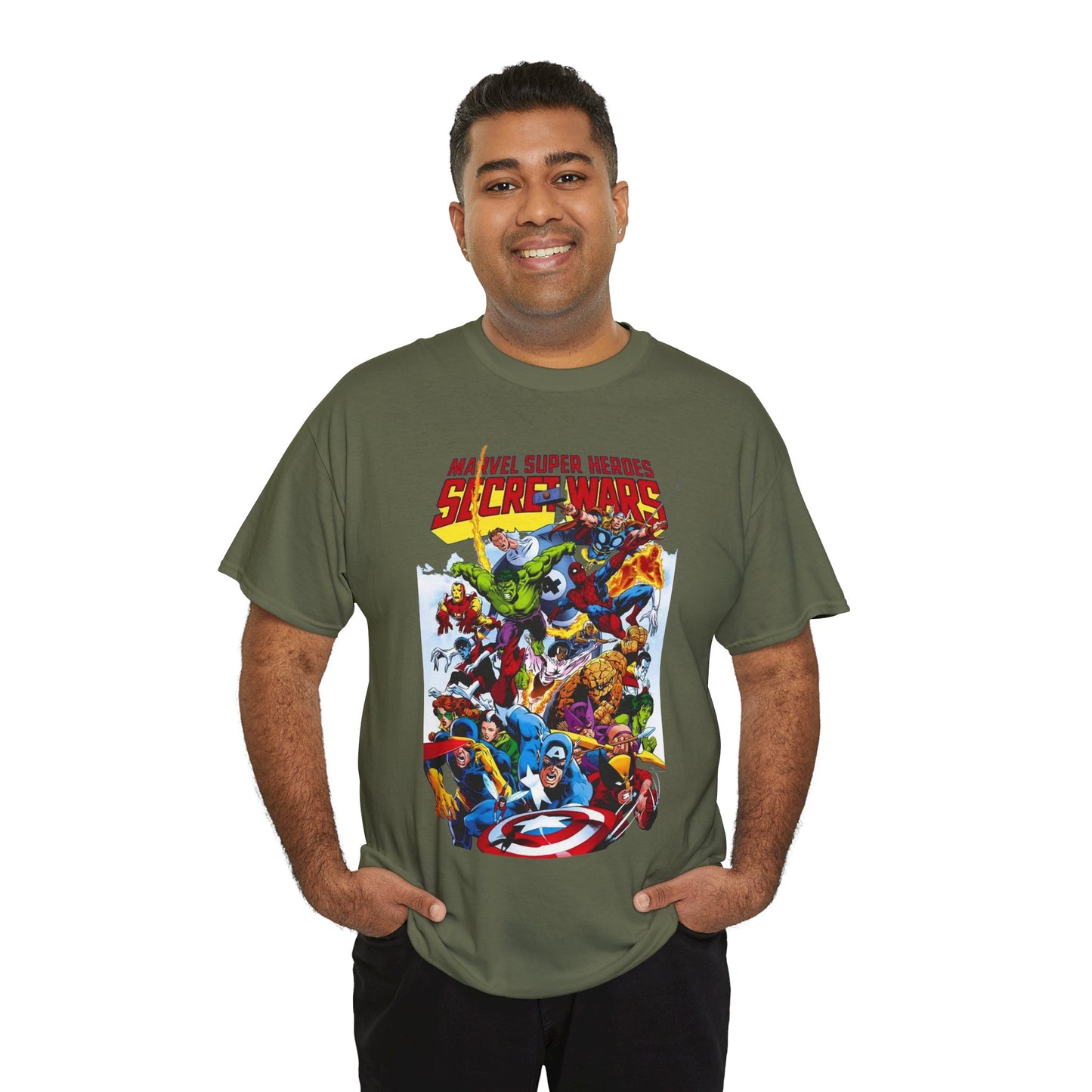 Secret Wars T-Shirt - Spider-man, Wolverine, Iron Man, Captain America, Cyclops, Rogue, Hulk, Mr Fantastic, The Thing - Classic Marvel Comics 1980s Series - The Beyonder