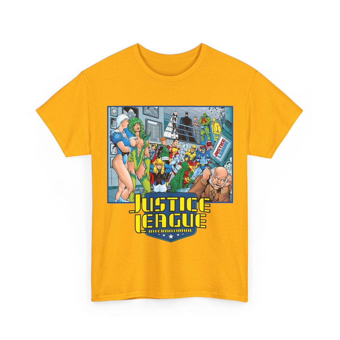 Justice League International T-Shirt - Kevin Maguire Art - Blue Beetle, Booster Gold, Martian Manhunter, Captain Atom, Batman, Fire, Ice - DC Comics - JLI