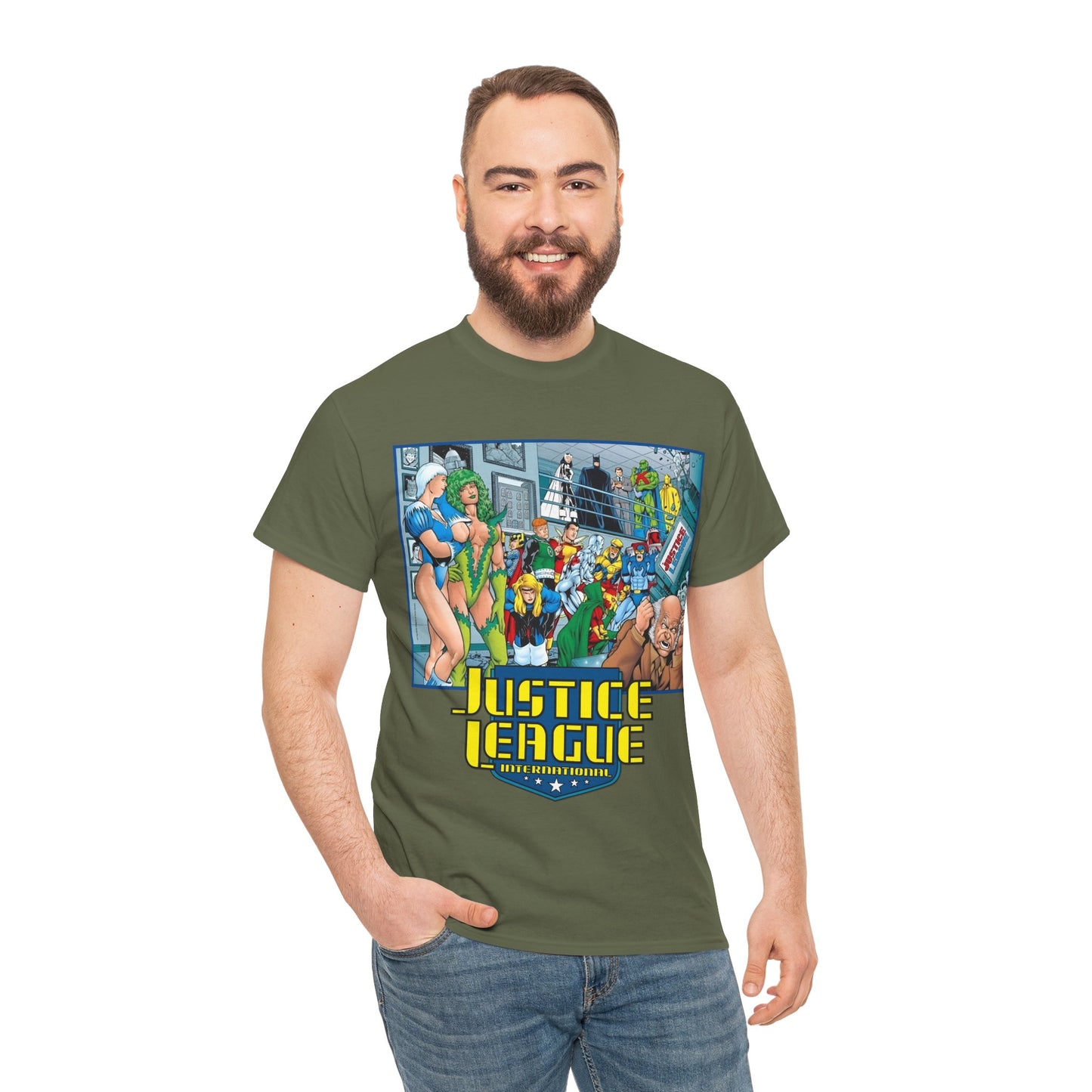 Justice League International T-Shirt - Kevin Maguire Art - Blue Beetle, Booster Gold, Martian Manhunter, Captain Atom, Batman, Fire, Ice - DC Comics - JLI