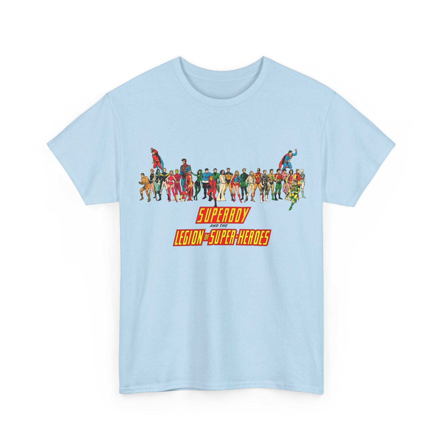 Superboy & Legion of Super-Heroes T-Shirt - 1970s DC Comics Art - Saturn Girl, Lightning Lad, Brainiac 5, Supergirl, Dawnstar, Mon-El, Bouncing Boy, Wildfire - LOSH