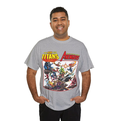 New Teen Titans Vs Avengers T-Shirt - George Perez Art - Hawkeye, Wonder Man, Raven, Starfire, Cyborg, Scarlet Witch, Wonder Girl - DC Comics & Marvel Comics