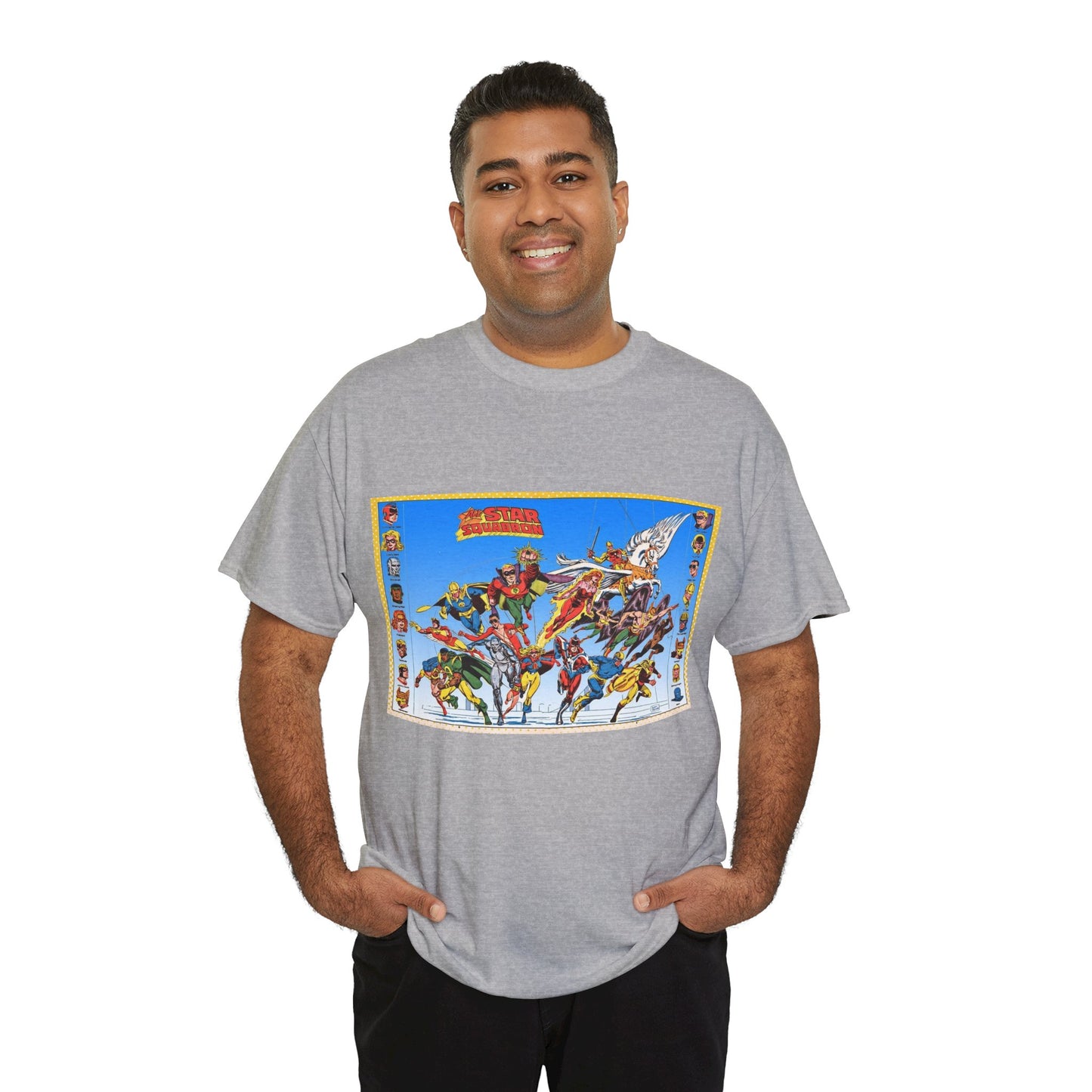 All-Star Squadron T-Shirt - Jerry Ordway Art - JSA Connection - Firebrand, Robotman, Amazing Man, Shining Knight, Tarantula, Dr Fate - Retro 1980s Series - DC Comics