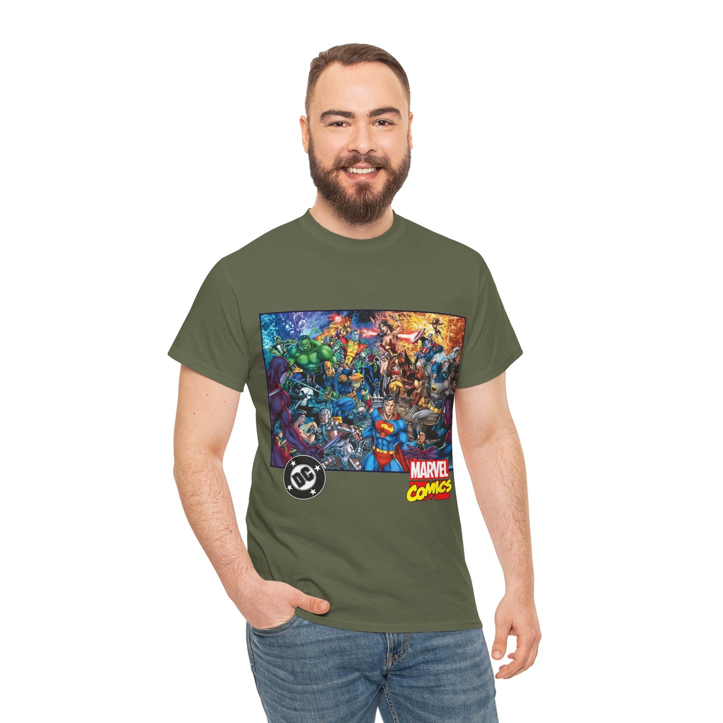 DC Vs Marvel T-Shirt - Jim Lee Art - Batman, Superman, Spider-Man, Wolverine, Wonder Woman, Daredevil, Hulk, Captain America, Deathstroke, Storm, Colossus - DC Comics, Marvel Comics Crossover