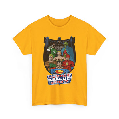Justice League of America T-Shirt - George Perez Art - Superman, Wonder Woman, Batman, Aquaman, Martian Manhunter, Flash, Green Lantern - DC Comics