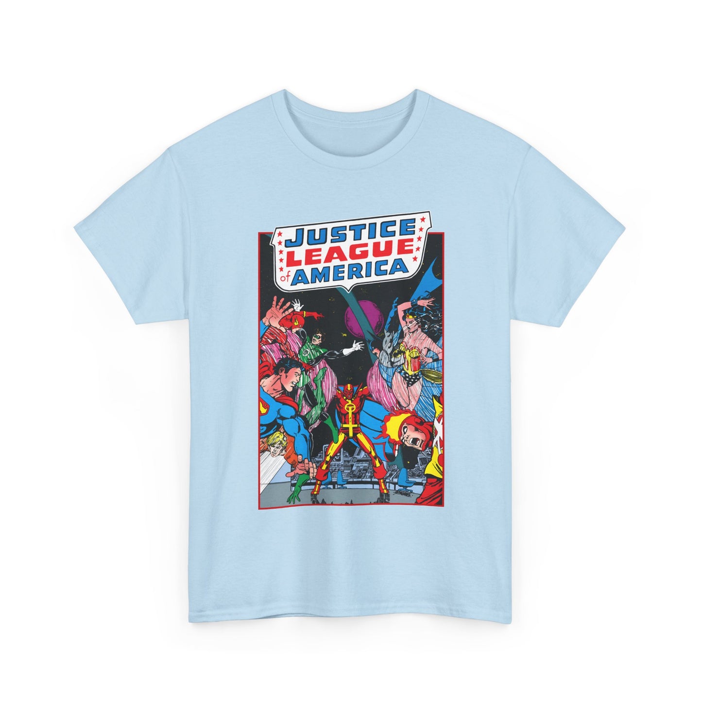 Justice League of America T-Shirt - George Perez Art - 1980s Satellite Era - Superman, Wonder Woman, Firestorm, Green Lantern, Batman - DC Comics