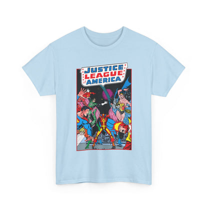Justice League of America T-Shirt - George Perez Art - 1980s Satellite Era - Superman, Wonder Woman, Firestorm, Green Lantern, Batman - DC Comics