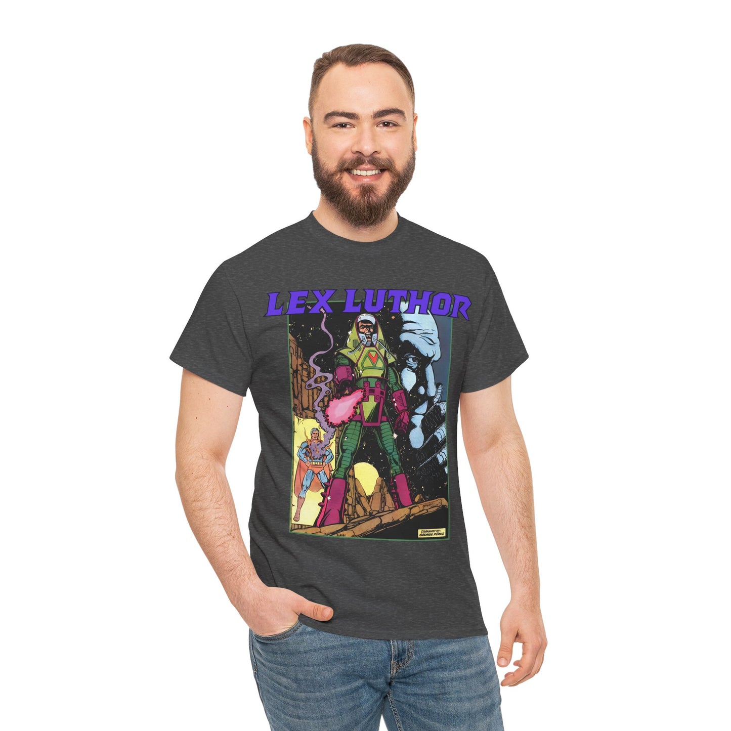 Lex Luthor T-Shirt - George Perez Art - 1980s DC Comics - Action Comics Armor - Inspiration for Super Powers Figure - Superman Enemy