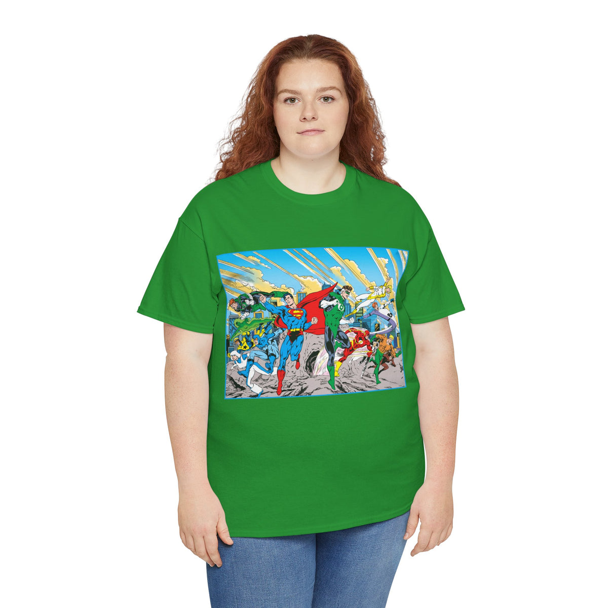 Justice League America/Europe T-Shirt - Dan Jurgens Art - Superman, Blue Beetle, Booster Gold, Green Lantern, Aquaman, Power Girl, Guy Gardner, Flash - DC Comics
