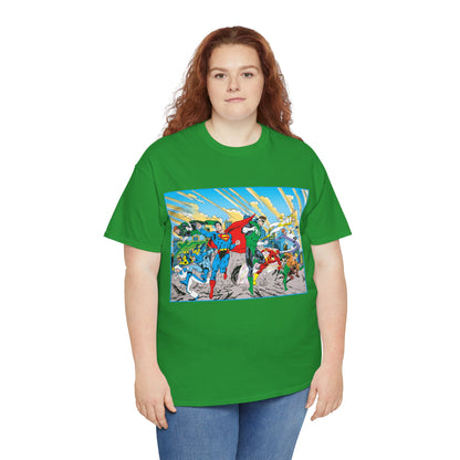 Justice League America/Europe T-Shirt - Dan Jurgens Art - Superman, Blue Beetle, Booster Gold, Green Lantern, Aquaman, Power Girl, Guy Gardner, Flash - DC Comics