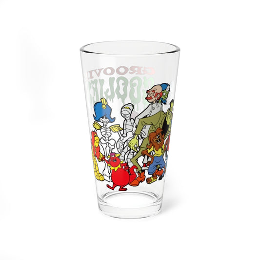 Groovie Goolies Pint Glass, 16oz - The Monster Trio (Drac, Frankie, Wolfie) - Hagatha, Bella La Ghostly, Boneapart, Mummy - Horrible Hall on Horrible Drive - Filmation Cartoon