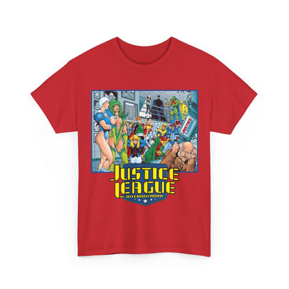 Justice League International T-Shirt - Kevin Maguire Art - Blue Beetle, Booster Gold, Martian Manhunter, Captain Atom, Batman, Fire, Ice - DC Comics - JLI