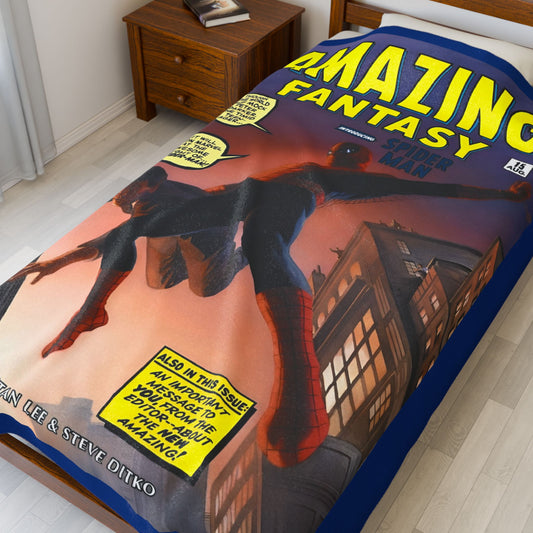 Amazing Spider-Man Velveteen Plush Blanket 60x80" - Amazing Fantasy #15 - Steve Ditko Art - 1st Appearance Cover - Peter Parker - Marvel Comics