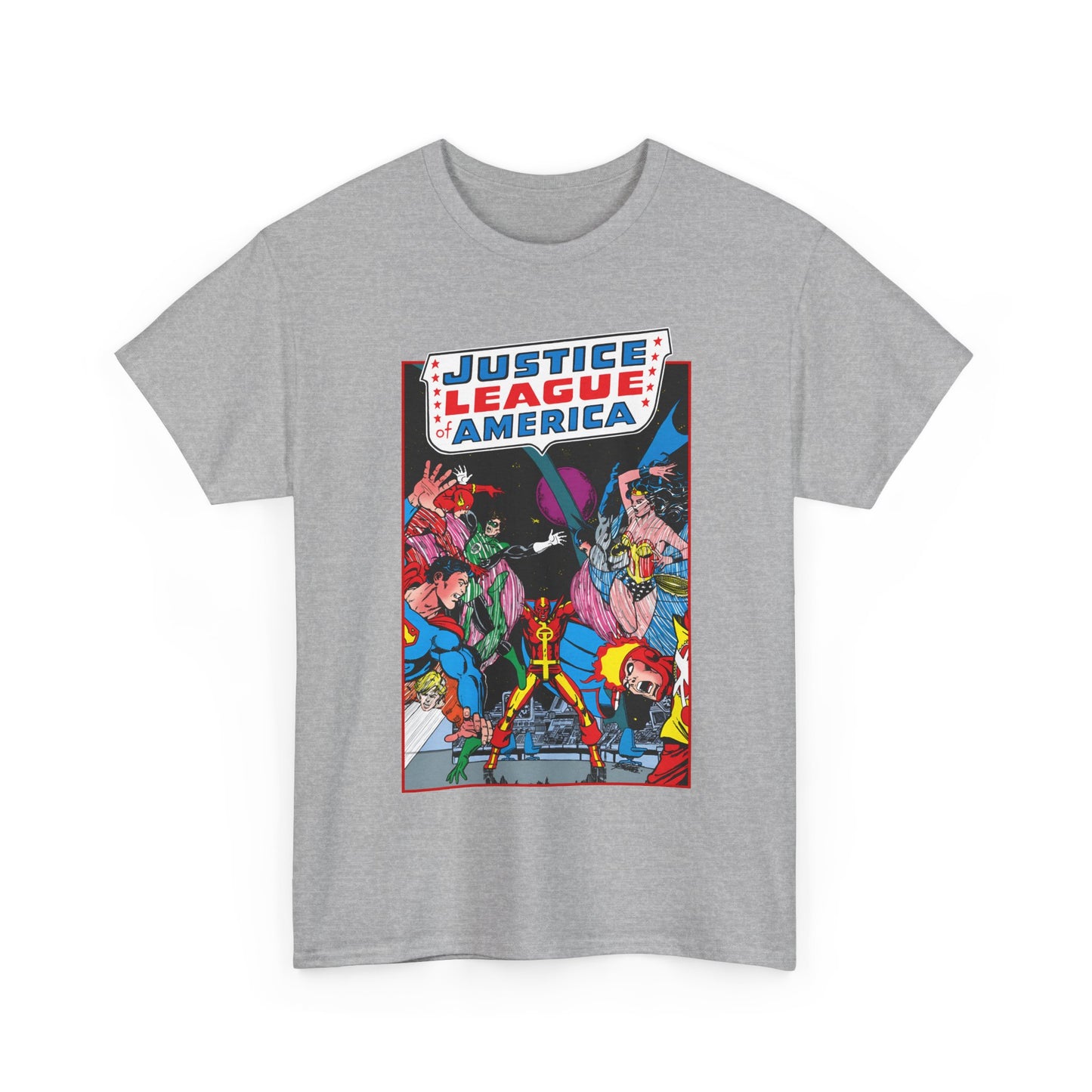 Justice League of America T-Shirt - George Perez Art - 1980s Satellite Era - Superman, Wonder Woman, Firestorm, Green Lantern, Batman - DC Comics