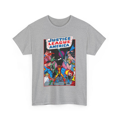Justice League of America T-Shirt - George Perez Art - 1980s Satellite Era - Superman, Wonder Woman, Firestorm, Green Lantern, Batman - DC Comics