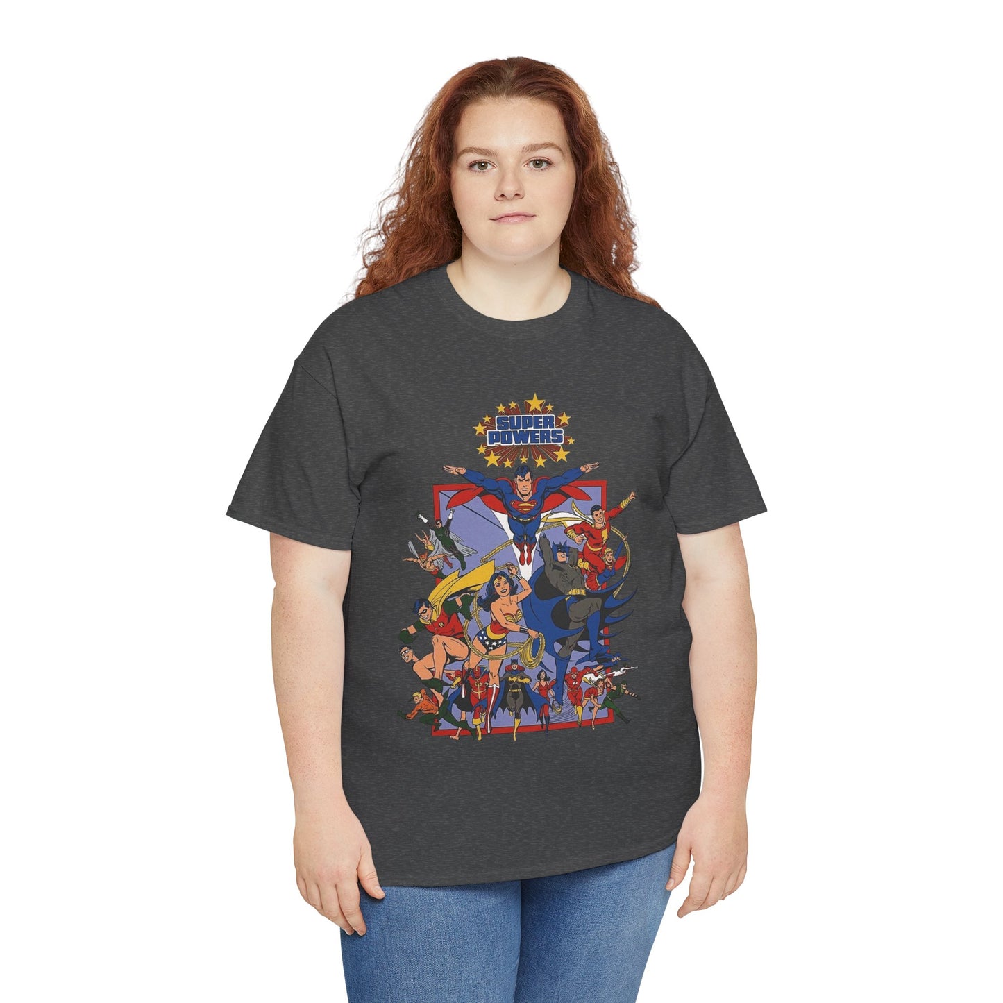 Super Powers T-Shirt - Superman, Flash, Wonder Woman, Batman, Batgirl, Robin, Plastic Man, Aquaman, Hawkman, Supergirl - 1980s Kenner Toy Line - Retro DC Comics