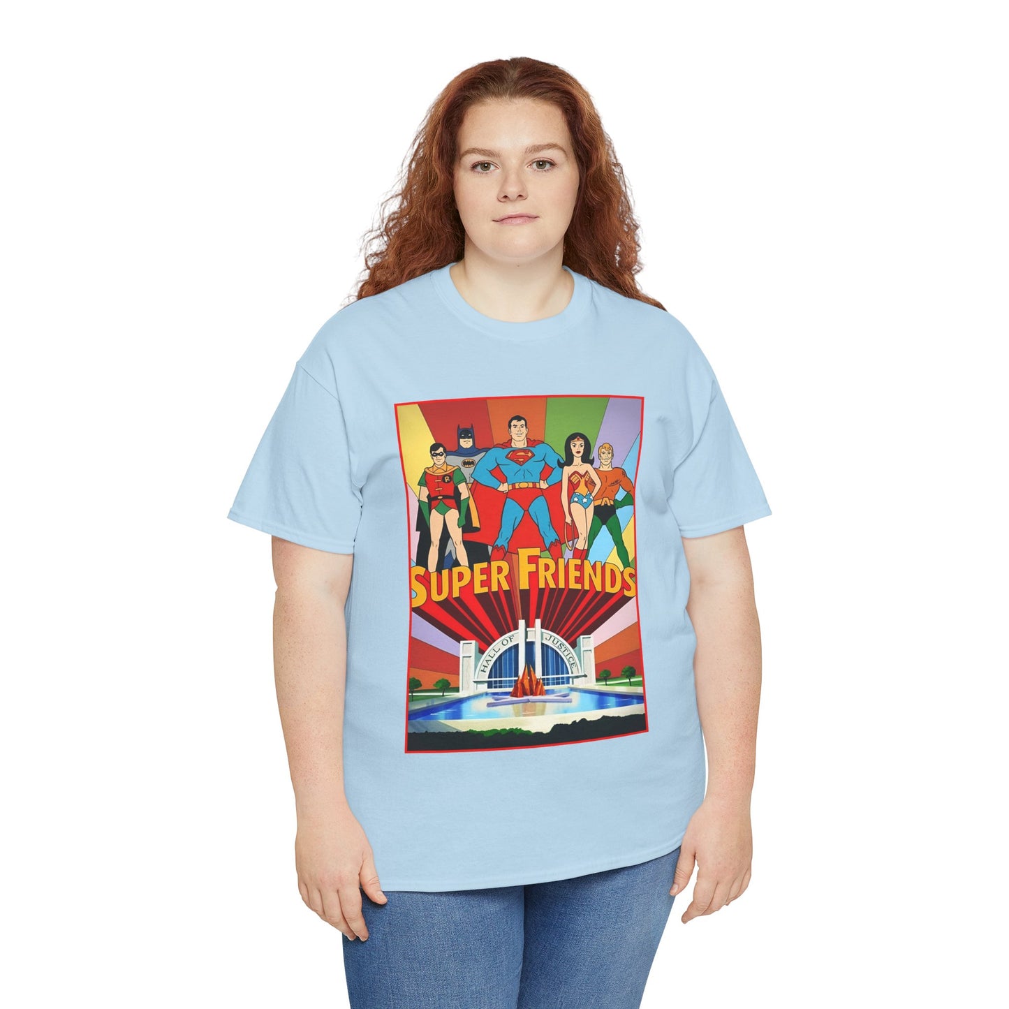 Super Friends T-Shirt - Batman, Superman, Wonder Woman, Robin - Hanna-Barbera Cartoon - DC Comics - Hall of Justice