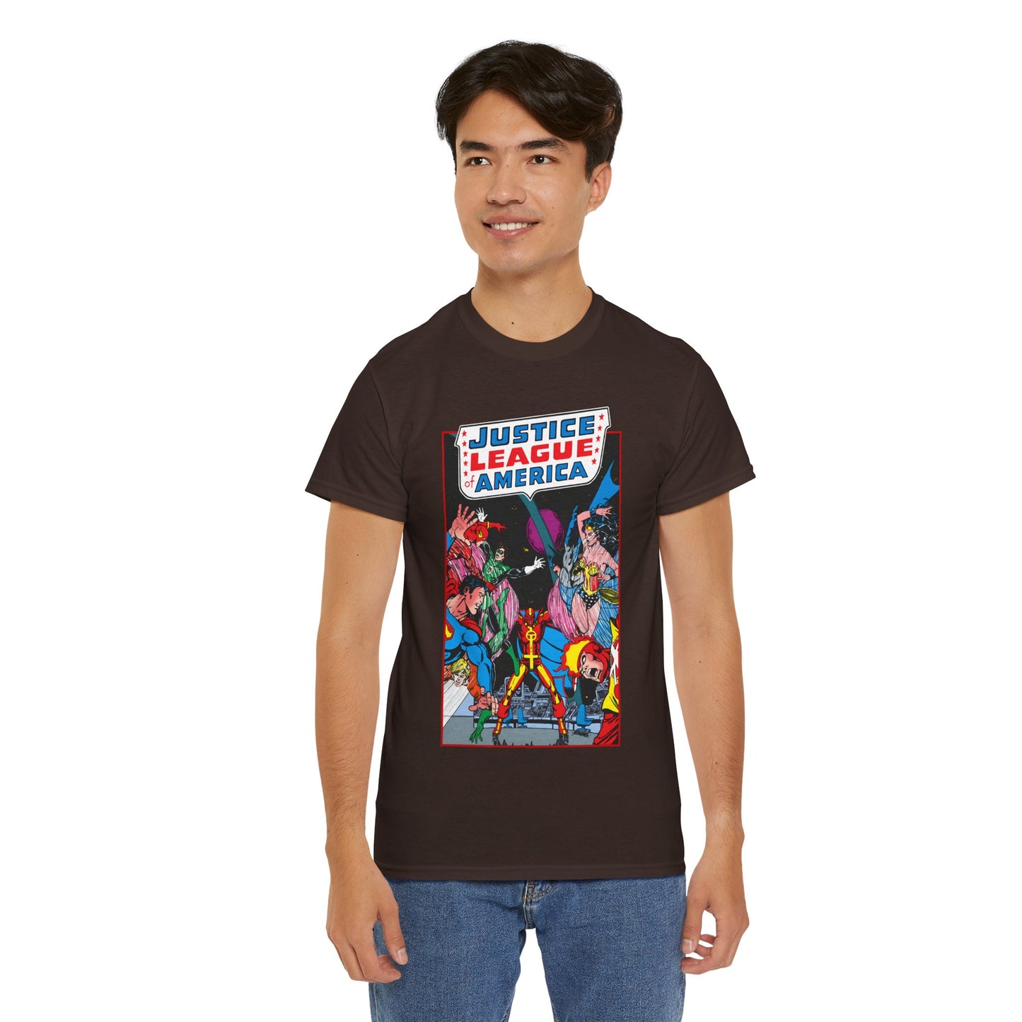 Justice League of America T-Shirt - George Perez Art - 1980s Satellite Era - Superman, Wonder Woman, Firestorm, Green Lantern, Batman - DC Comics