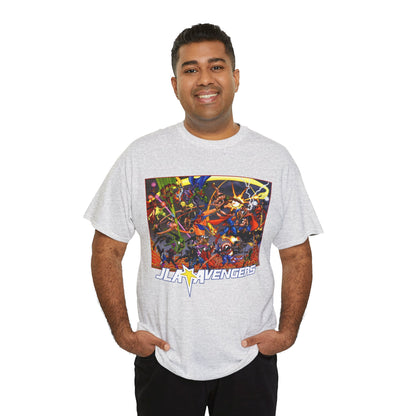 Avengers Vs JLA T-Shirt - Stunning George Perez Art - Marvel & DC Comics Crossover - Thor, Superman, Wonder Woman, Hercules, Iron Man, Batman, Black Canary, Scarlet Witch, Wonder Man, Martian Manhunter
