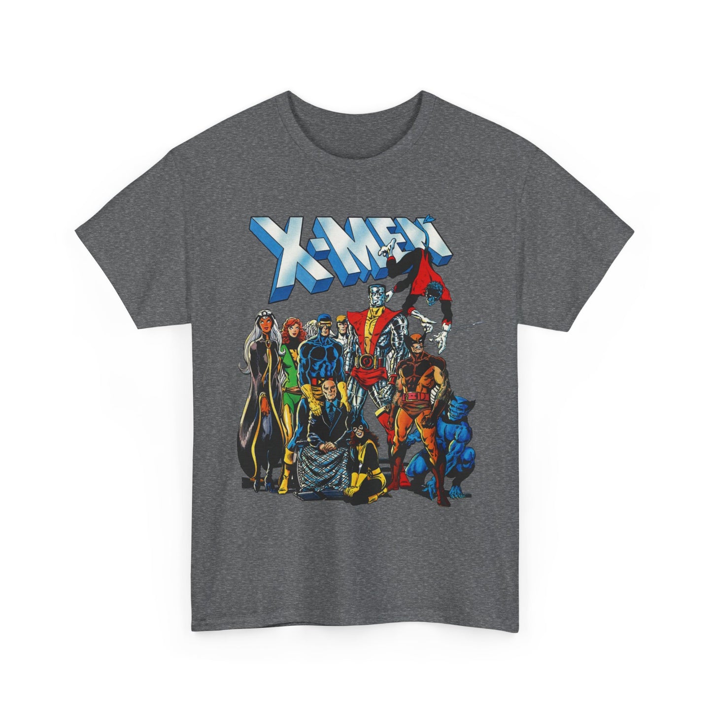 Gray t-shirt with X-Men graphic design on a white background. An image of Cyclops, Wolverine, Professor X, Storm, Colossus, Phoenix, and Beast. These are very popular Marvel Comics characters.