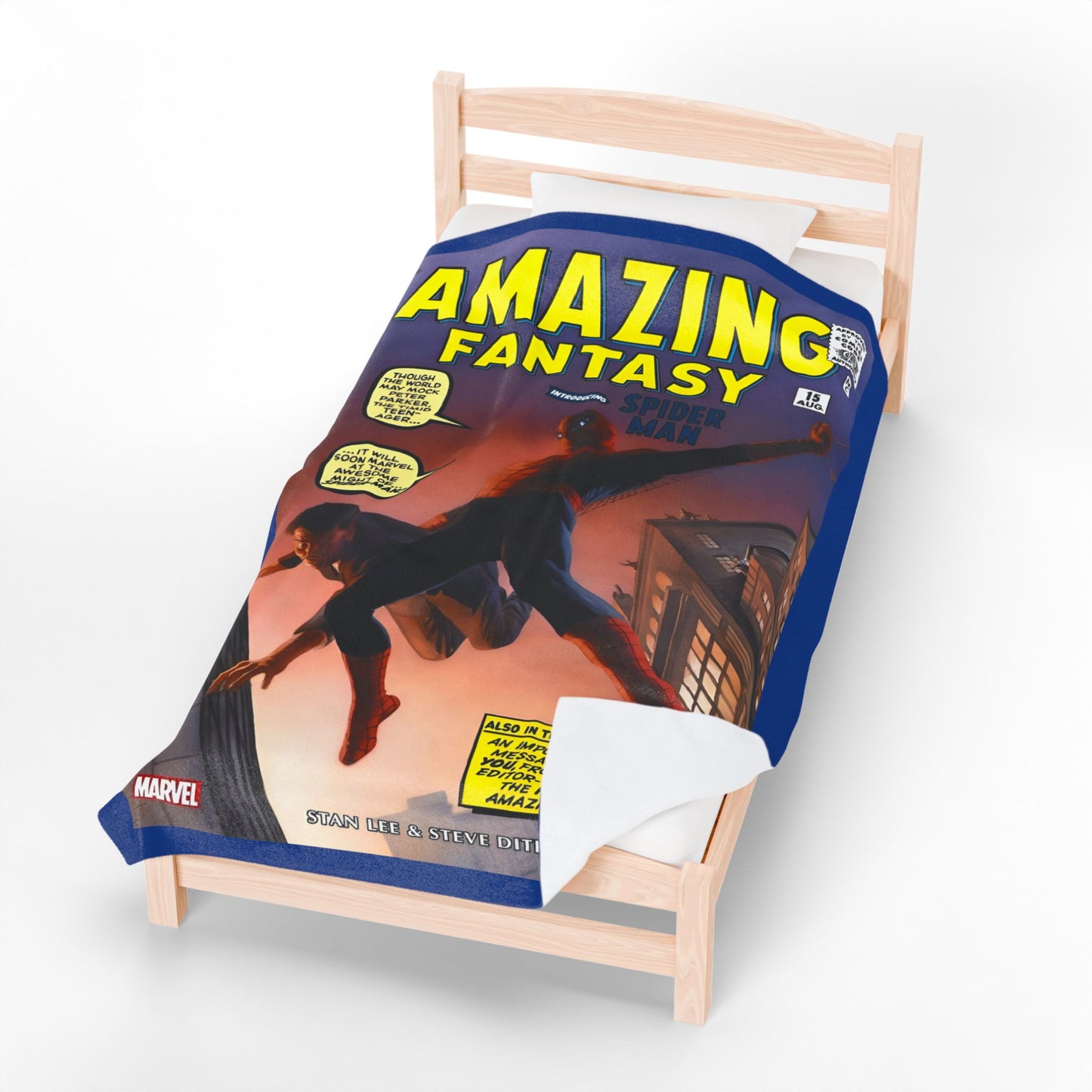 Amazing Spider-Man Velveteen Plush Blanket 60x80" - Amazing Fantasy #15 - Steve Ditko Art - 1st Appearance Cover - Peter Parker - Marvel Comics