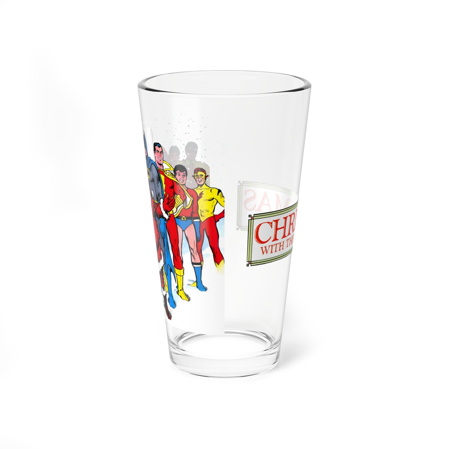 DC Superheroes & Santa Claus Christmas Pint Glass, 16oz - Superman, Batman, Captain Marvel, Robin, Wonder Girl, Kid Flash, Aqualad