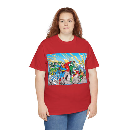 Justice League America/Europe T-Shirt - Dan Jurgens Art - Superman, Blue Beetle, Booster Gold, Green Lantern, Aquaman, Power Girl, Guy Gardner, Flash - DC Comics