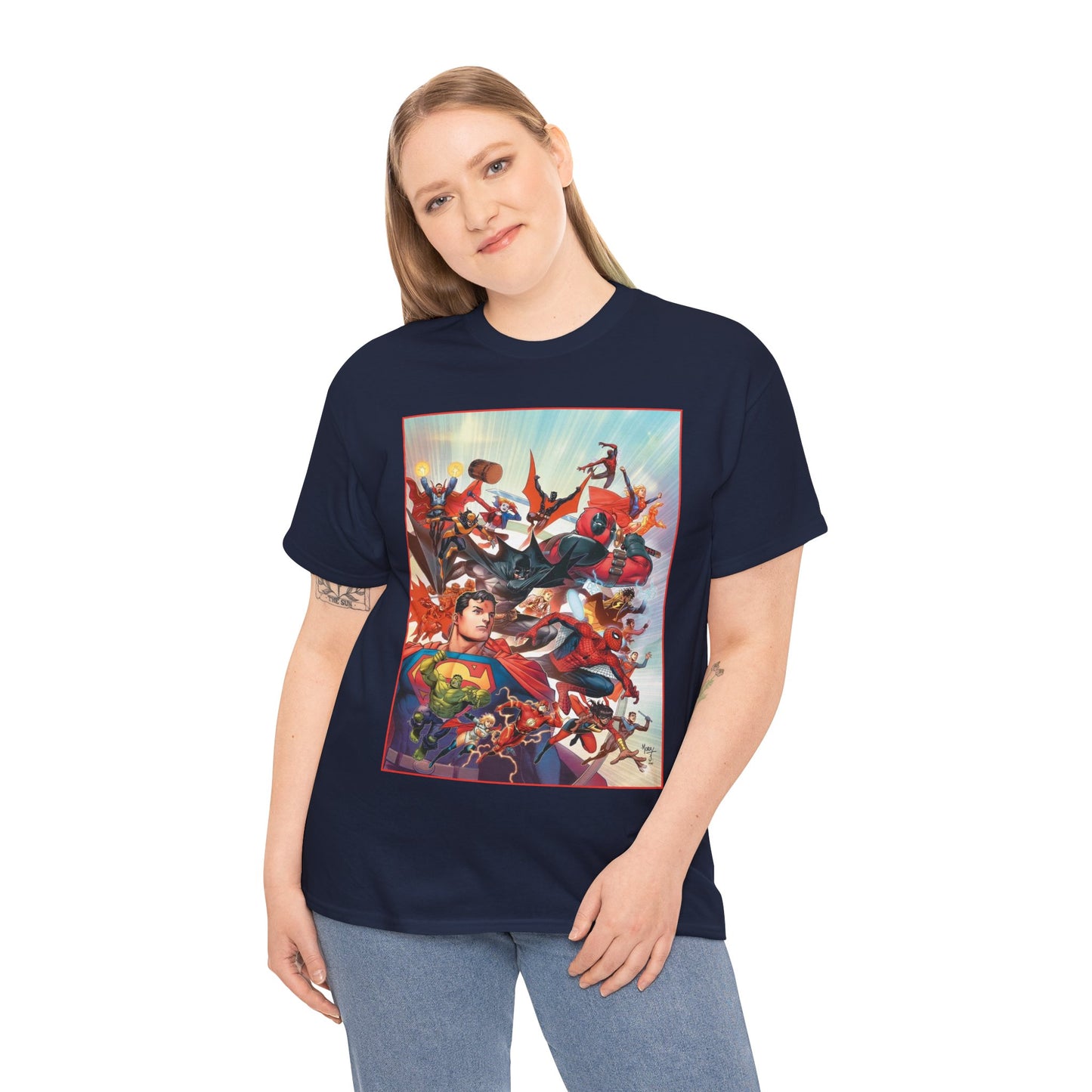 DC/Marvel T-Shirt - The Cosmic Kiss Caper & Other Stories Cover Art - Superman, Deadpool, Spider-Man, Harley Quinn, Batman Beyond, Static, Dr. Strange - DC Comics/Marvel