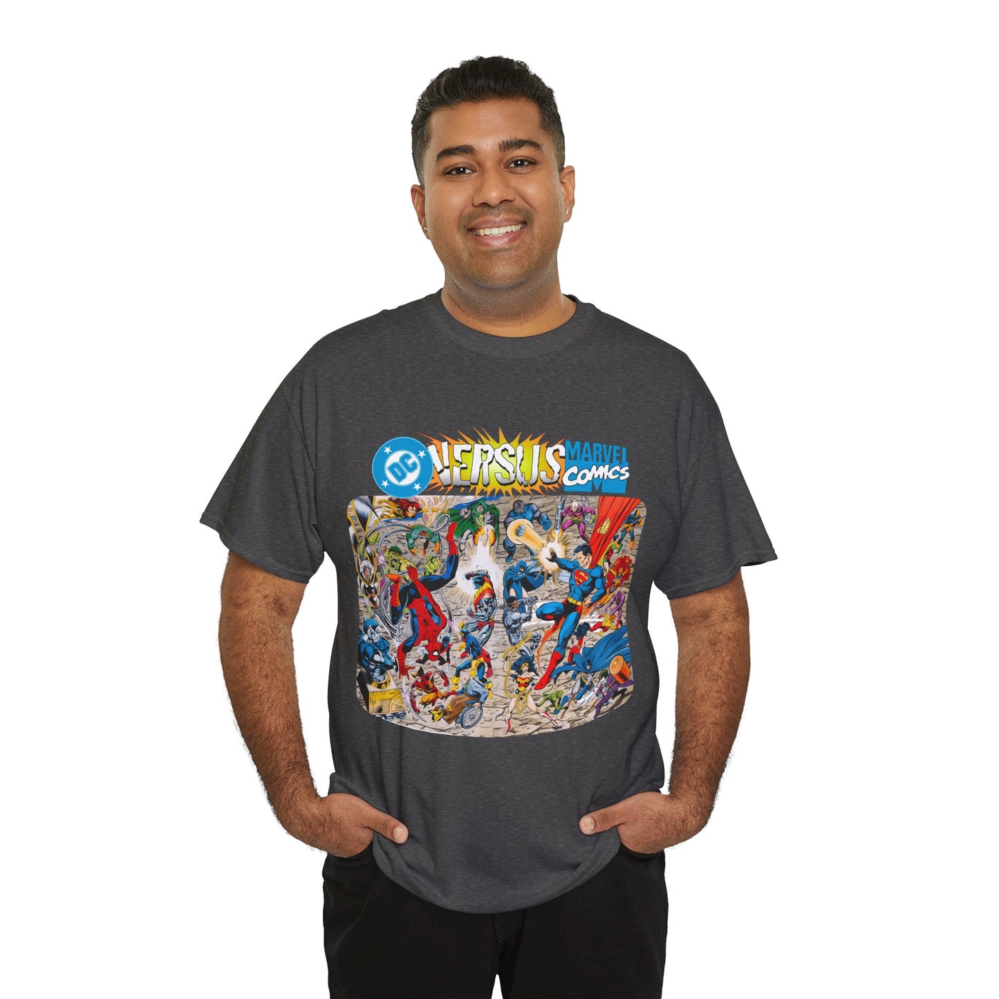 DC Comics Vs Marvel T-Shirt - John Byrne Art - Spider-Man, Raven, Cyborg, Wolverine, Joker, Superman, Batman, Deathstroke, Darkseid