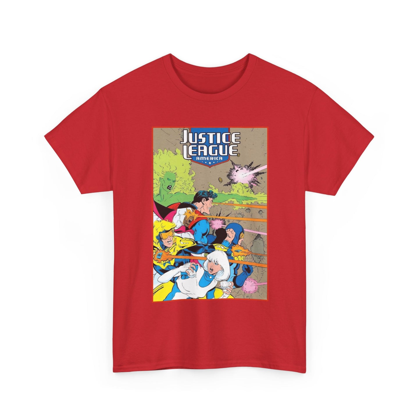 Justice League of America T-Shirt - Dan Jurgens Art - Superman, Fire, Ice, Blue Beetle, Booster Gold, Bloodwynde - DC Comics