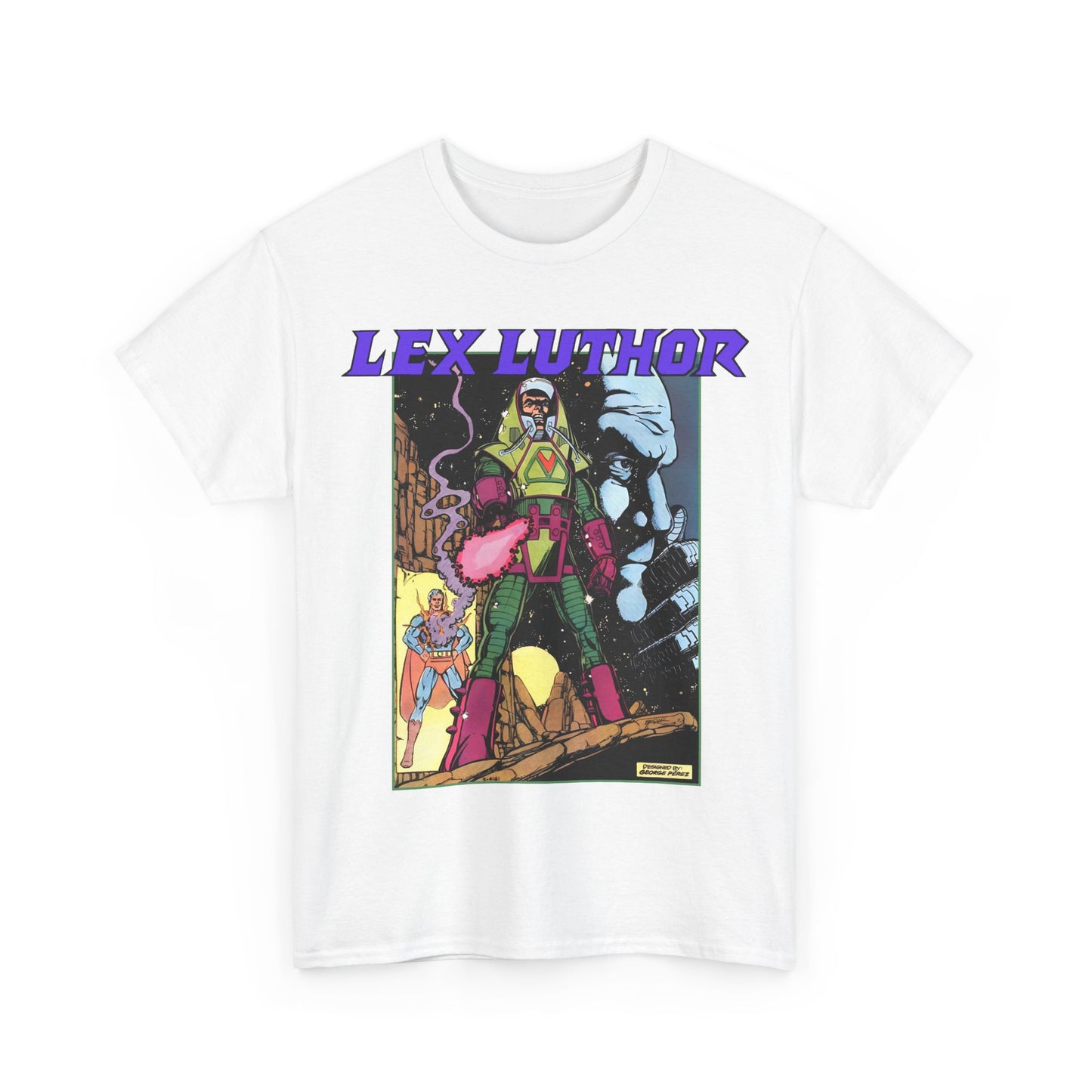 Lex Luthor T-Shirt - George Perez Art - 1980s DC Comics - Action Comics Armor - Inspiration for Super Powers Figure - Superman Enemy