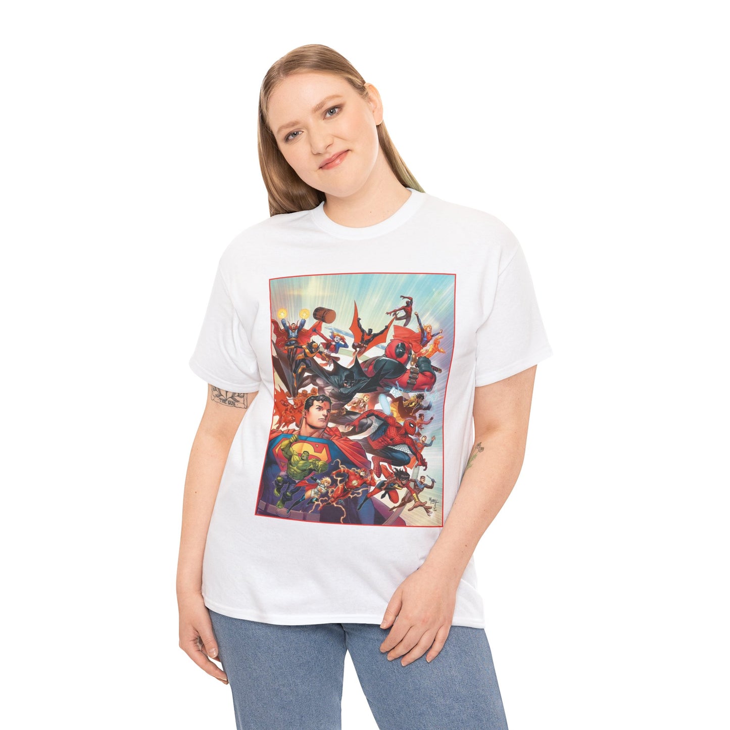 DC/Marvel T-Shirt - The Cosmic Kiss Caper & Other Stories Cover Art - Superman, Deadpool, Spider-Man, Harley Quinn, Batman Beyond, Static, Dr. Strange - DC Comics/Marvel