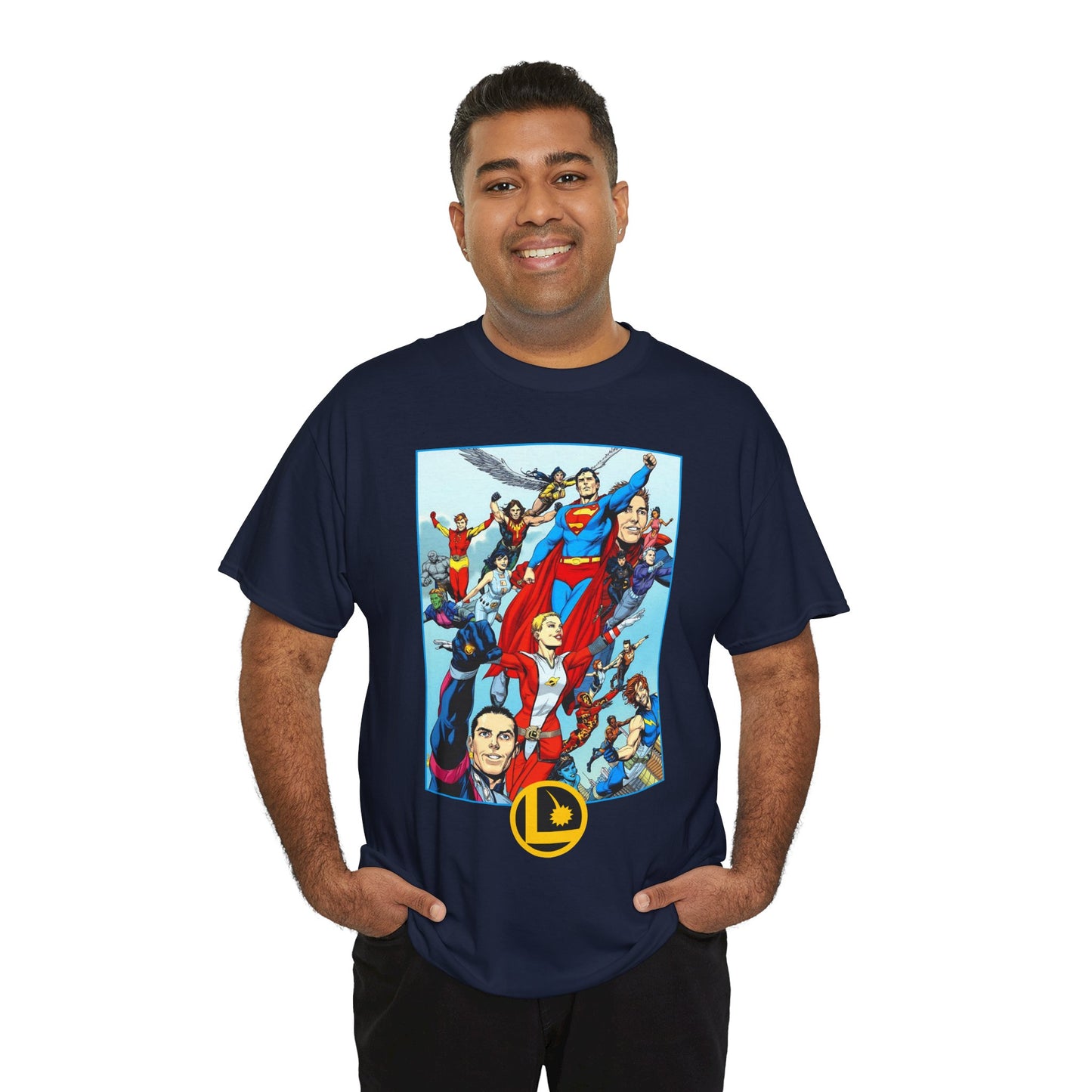 Legion of Super-Heroes T-Shirt - Gary Frank Art - Superman, Saturn Girl, Cosmic Boy, Dawnstar, Brainiac 5, Phantom Girl, Wildfire, Blok, Lightning Lad, Timber Wolf - LOSH - DC Comics