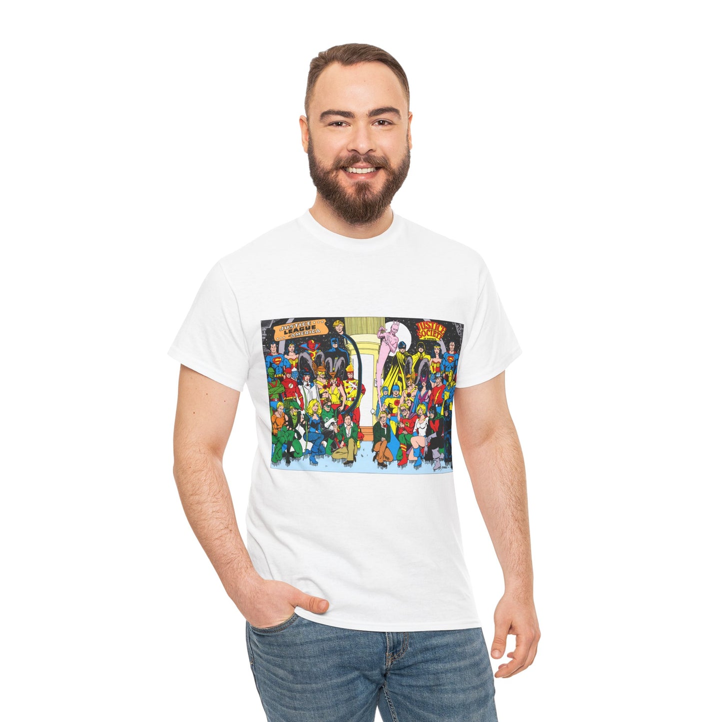 JLA & JSA T-Shirt - George Perez Art - Justice League, Society Team-up - Batman, Wildcat, Dr Fate, Hourman, Firestorm, Superman