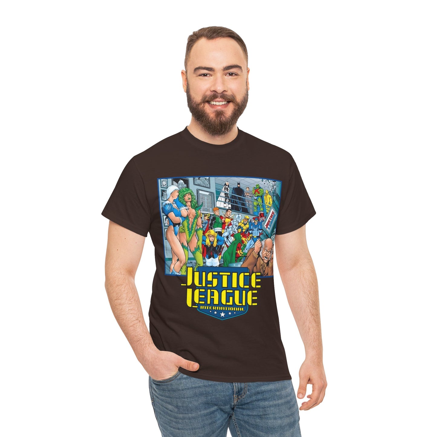 Justice League International T-Shirt - Kevin Maguire Art - Blue Beetle, Booster Gold, Martian Manhunter, Captain Atom, Batman, Fire, Ice - DC Comics - JLI