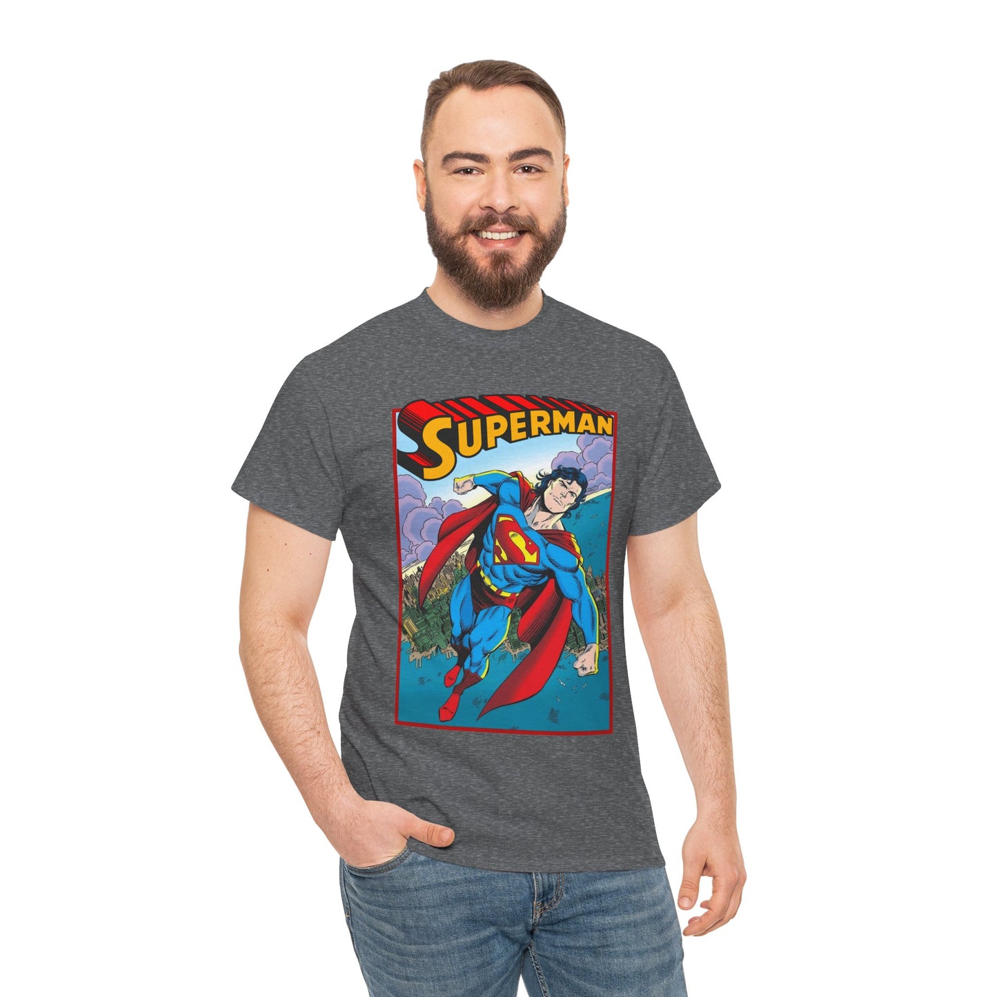 Superman T-Shirt - Tom Grummett Art - DC Comics - Metropolis, Man of Steel Flying Through the Sky - Post-Reign of the Supermen Storyline Artwork