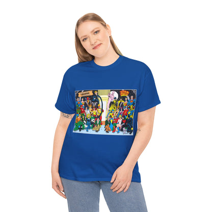 JLA & JSA T-Shirt - George Perez Art - Justice League, Society Team-up - Batman, Wildcat, Dr Fate, Hourman, Firestorm, Superman