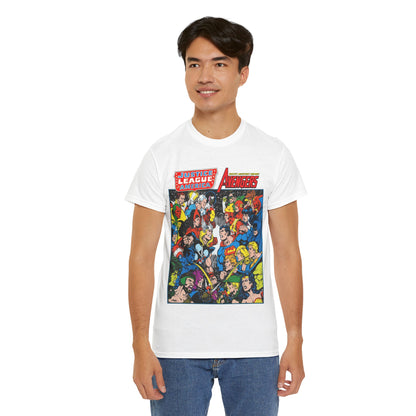 Justice League/Avengers T-Shirt - DC & Marvel Comics Art - George Perez - JLA - Batman, Captain America, Iron Man, Green Lantern