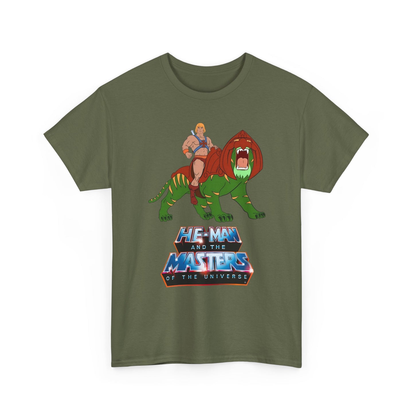 Green t-shirt with He-Man and the Masters of the Universe graphic
