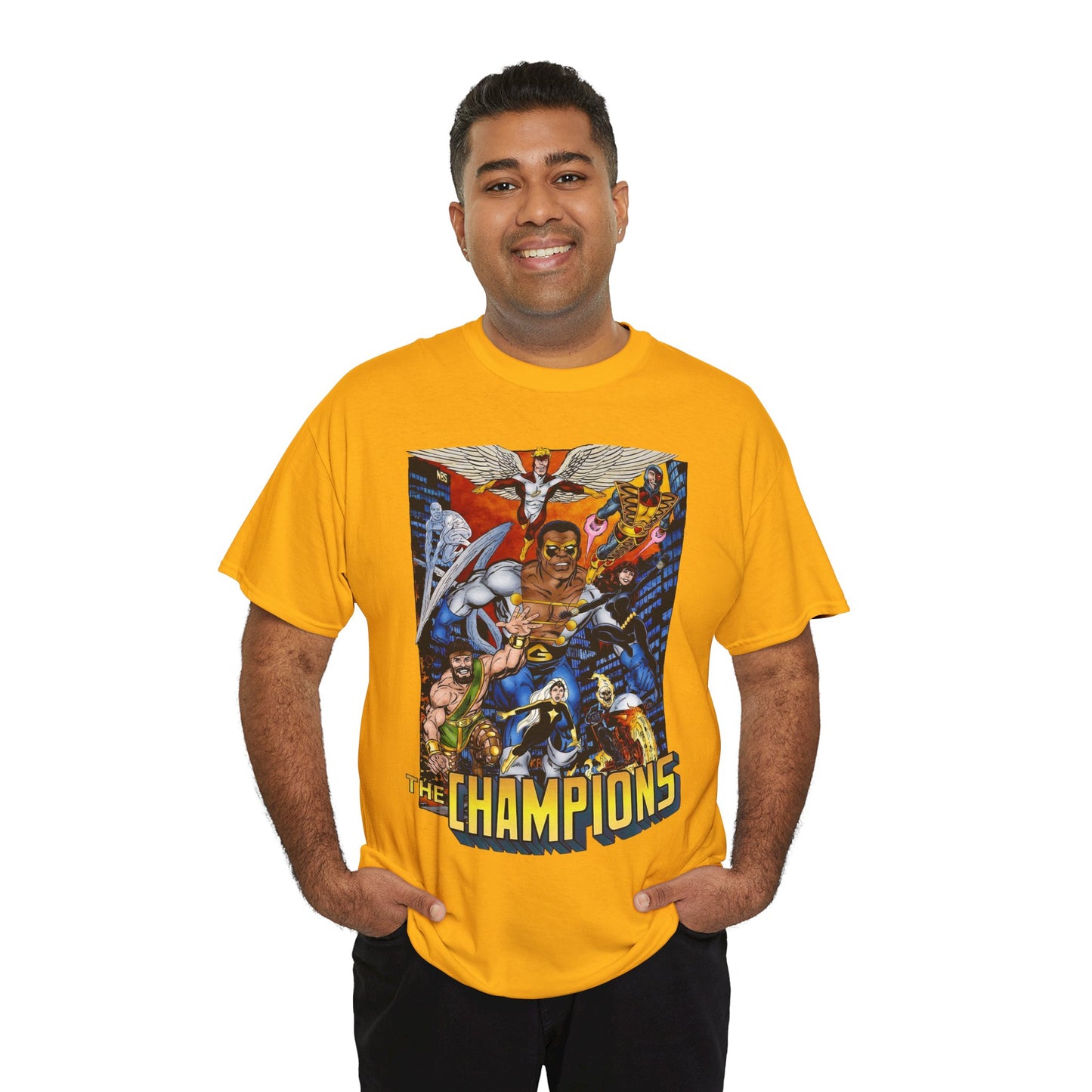 Champions T-Shirt - John Byrne Art - Hercules, Black Widow, Ghost Rider, Black Goliath, Silver Surfer, Jack of Hearts - Marvel Comics 1970s Series