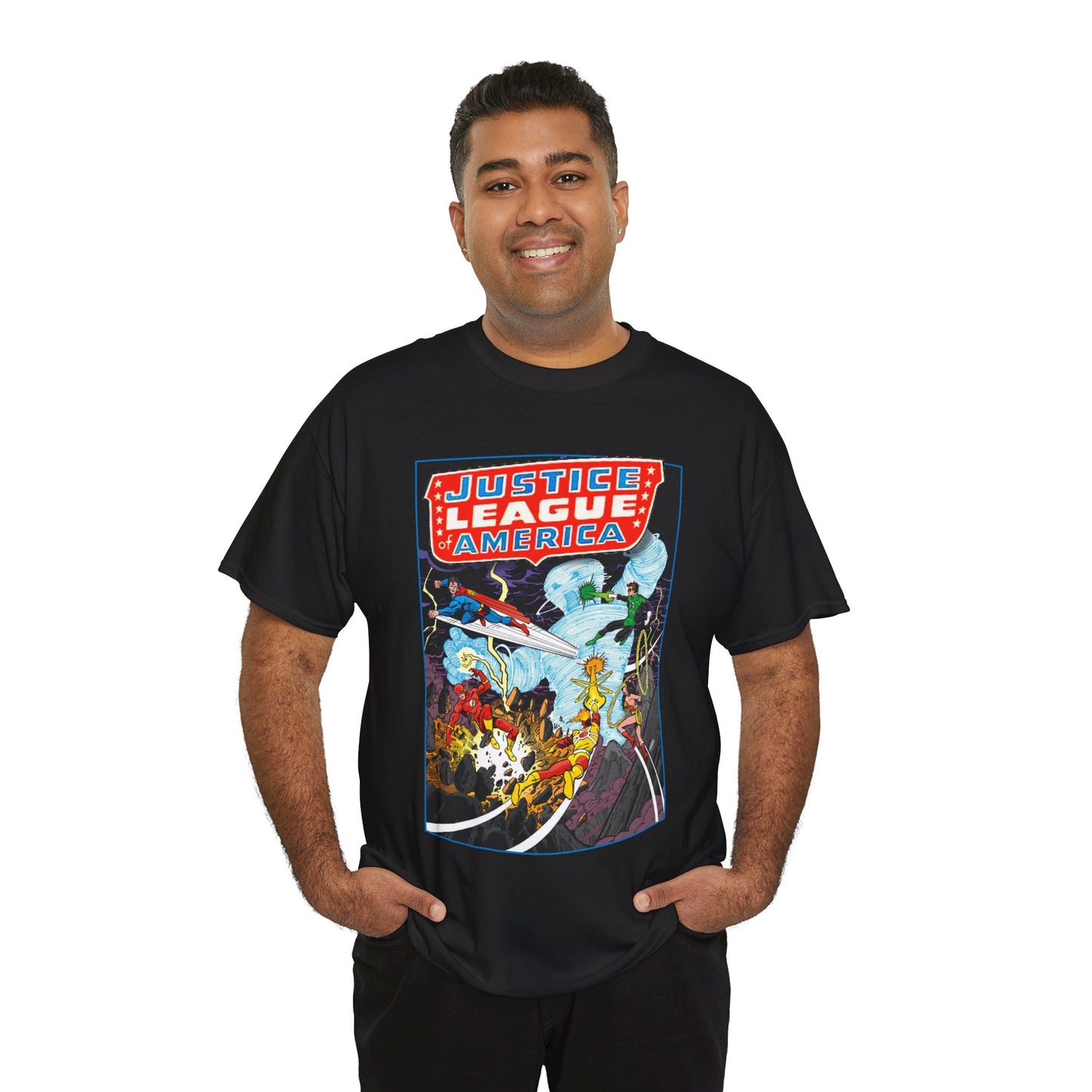 Justice League T-Shirt - George Perez Art - Tornado Tyrant - Superman, Firestorm, Flash, Wonder Woman, Green Lantern - DC Comics