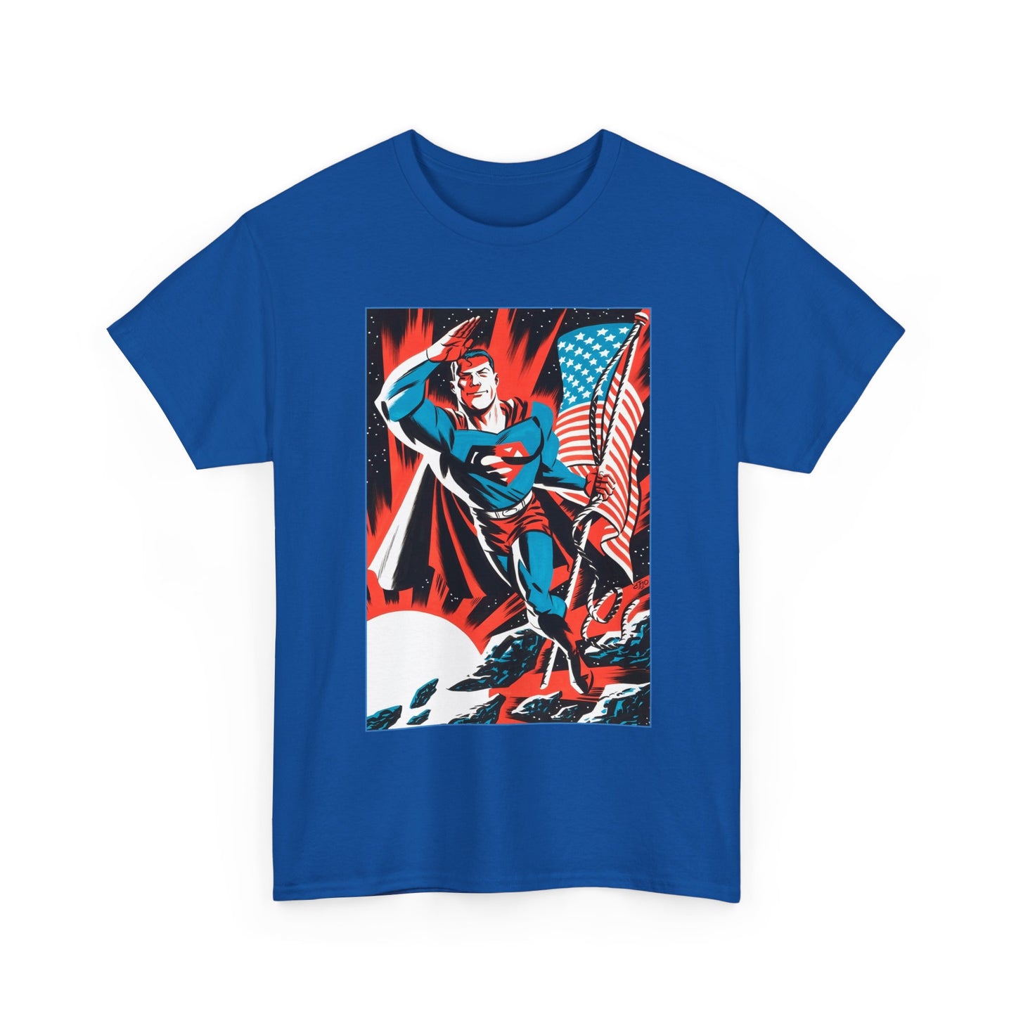 Blue t-shirt with a superhero graphic of Superman on a white background. He's holding an American flag and flying through space.