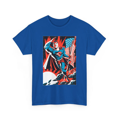Blue t-shirt with a superhero graphic of Superman on a white background. He's holding an American flag and flying through space.