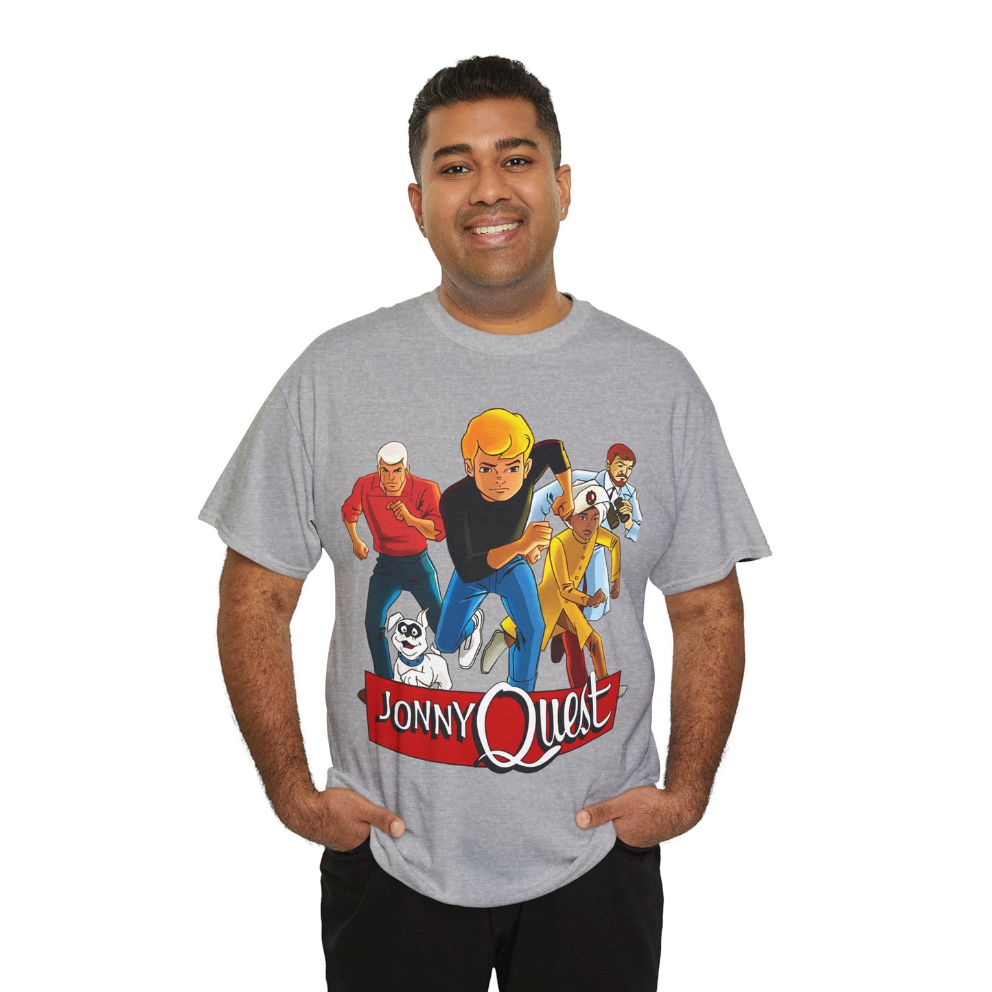 Jonny Quest T-Shirt - Popular Hanna-Barbera Cartoon Characters from the 1960s Adventure TV Show - Dr Benton, Hadji, Race Bannon, Bandit the Dog