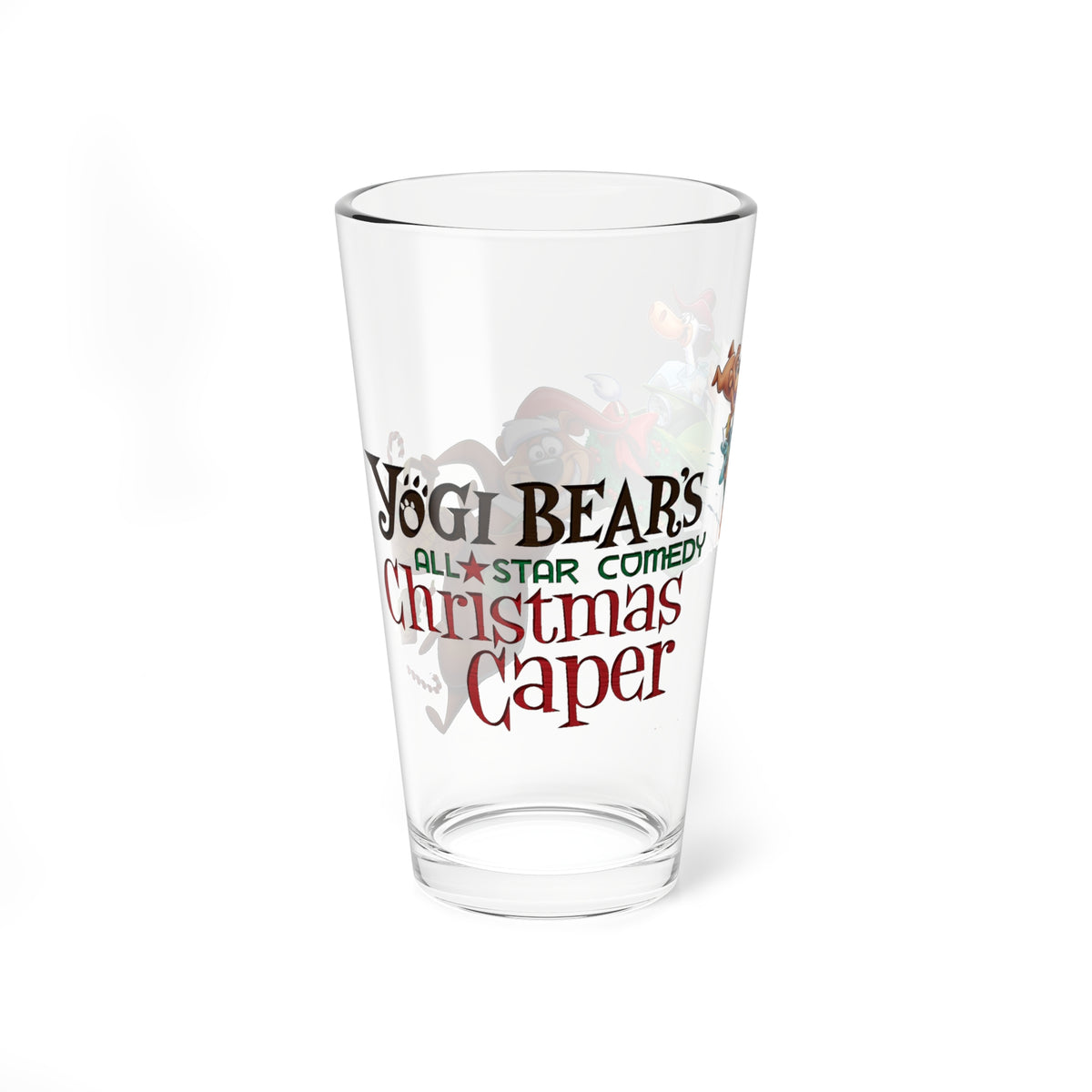 Yogi Bear's All-Star Comedy Christmas Caper Pint Glass, 16oz - Quick Draw McGraw, Huckleberry Hound, Boo Boo - Festive Holiday Barware