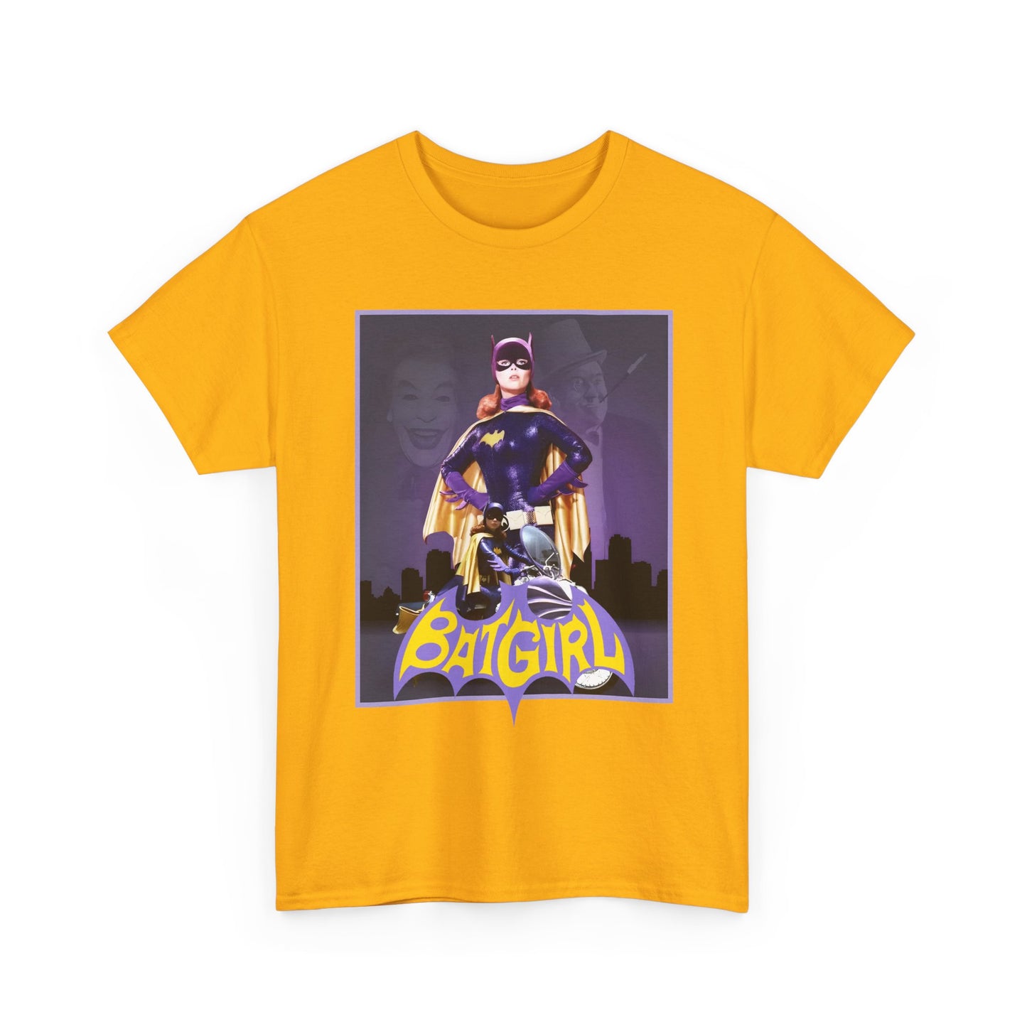 Yellow t-shirt with Yvonne Craig Batgirl graphic on a white background