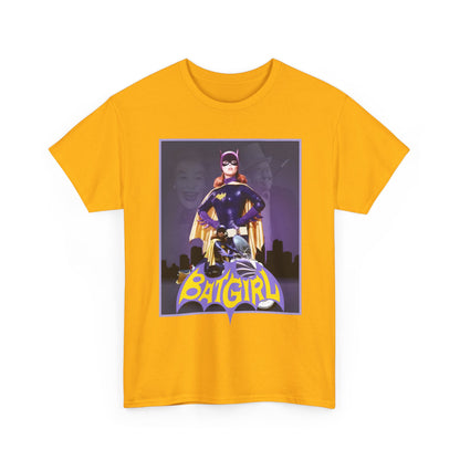 Yellow t-shirt with Yvonne Craig Batgirl graphic on a white background