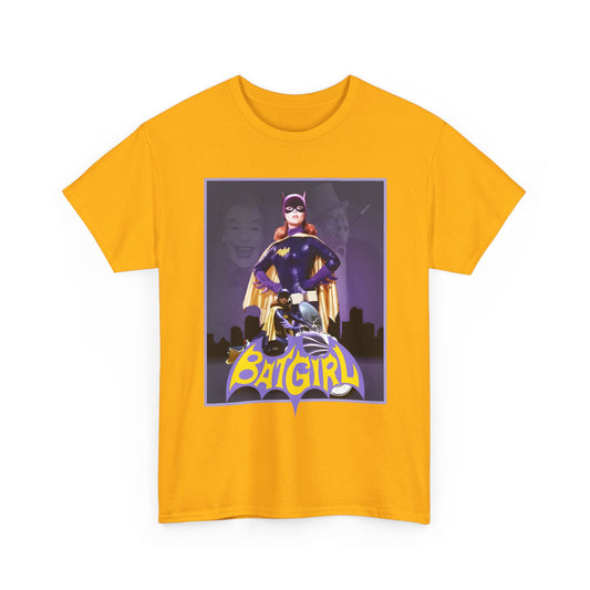 Yellow t-shirt with Yvonne Craig Batgirl graphic on a white background