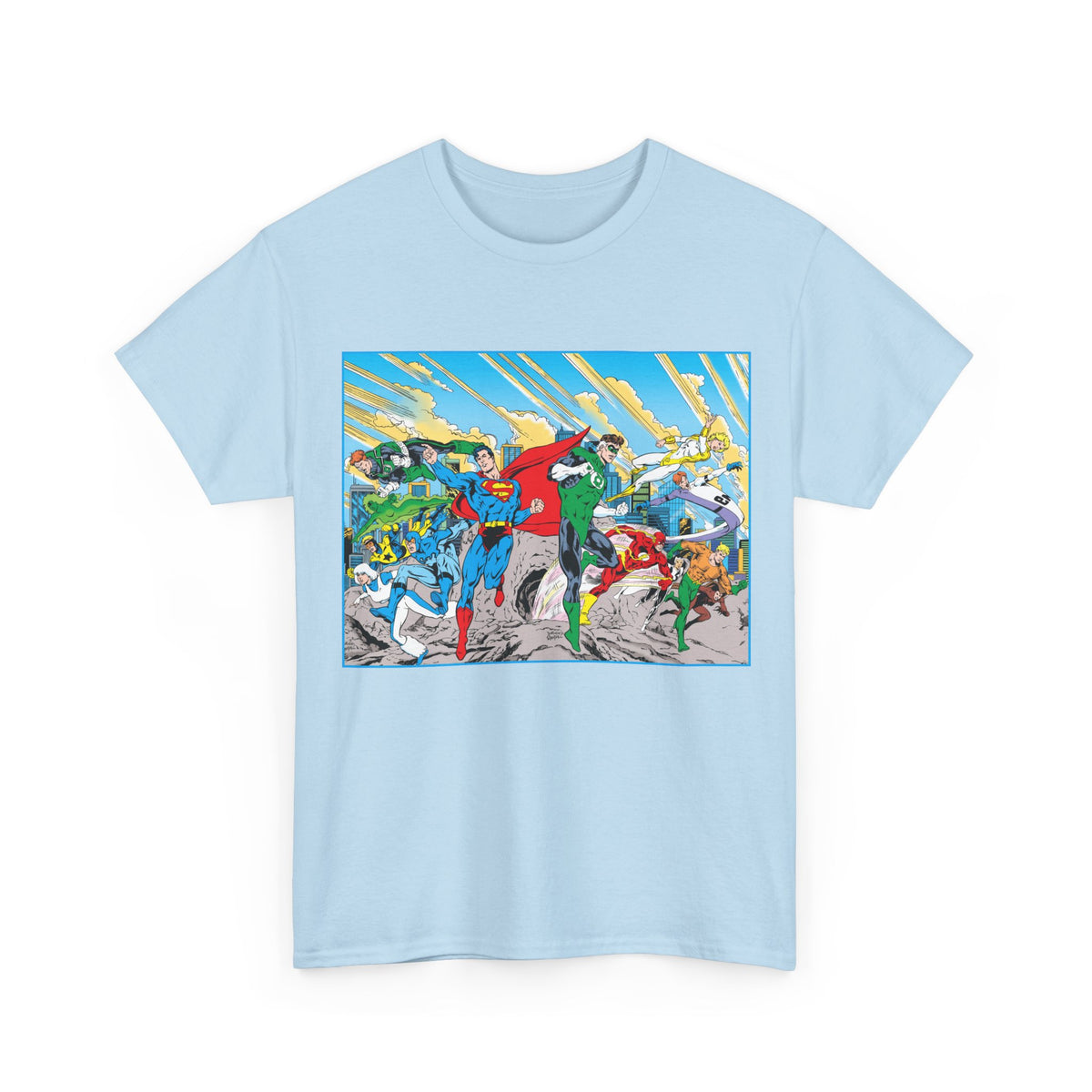 Justice League America/Europe T-Shirt - Dan Jurgens Art - Superman, Blue Beetle, Booster Gold, Green Lantern, Aquaman, Power Girl, Guy Gardner, Flash - DC Comics